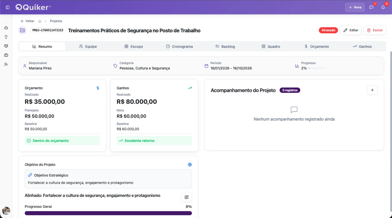 Visão geral de um projeto na Quiker com responsável, prazo, progresso, orçamento, ganhos e objetivo estratégico