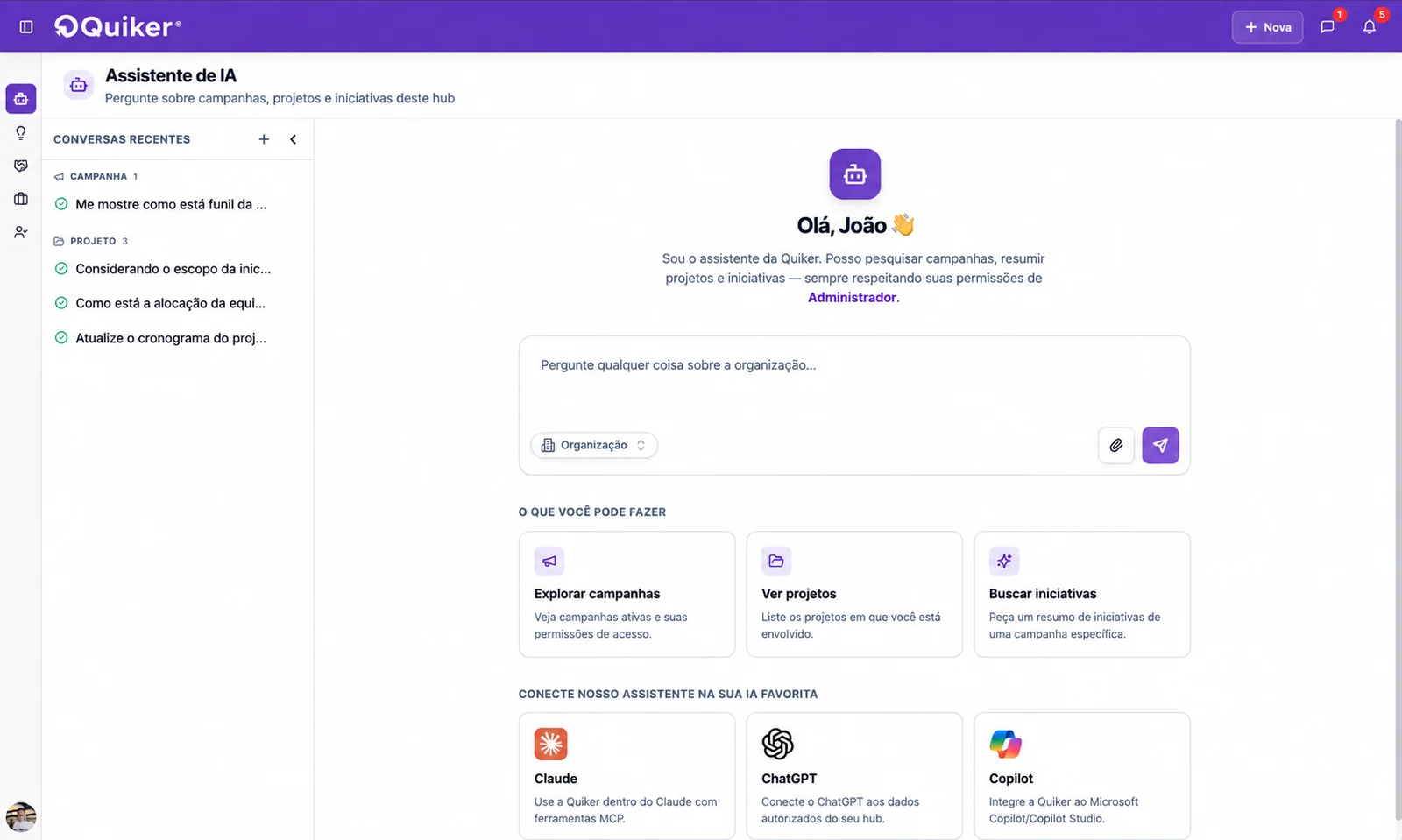 Assistente de IA da Quiker com conversas recentes por campanha e projeto, campo de pergunta e ações para explorar campanhas, ver projetos e buscar iniciativas
