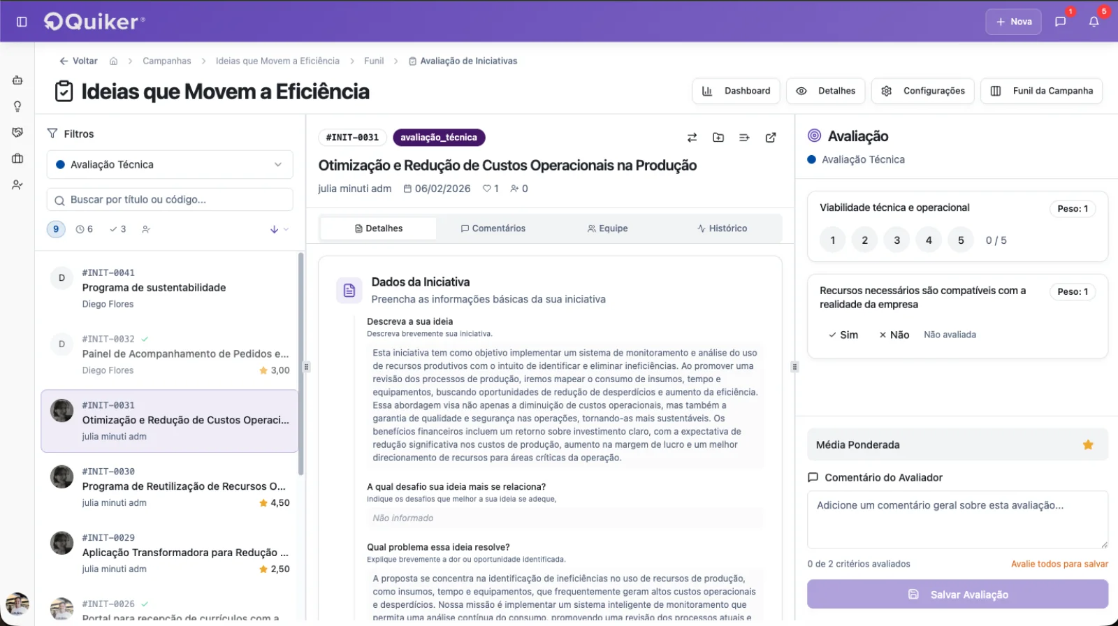 Avaliação de iniciativas na Quiker com lista de propostas, critérios, notas e comentário do avaliador