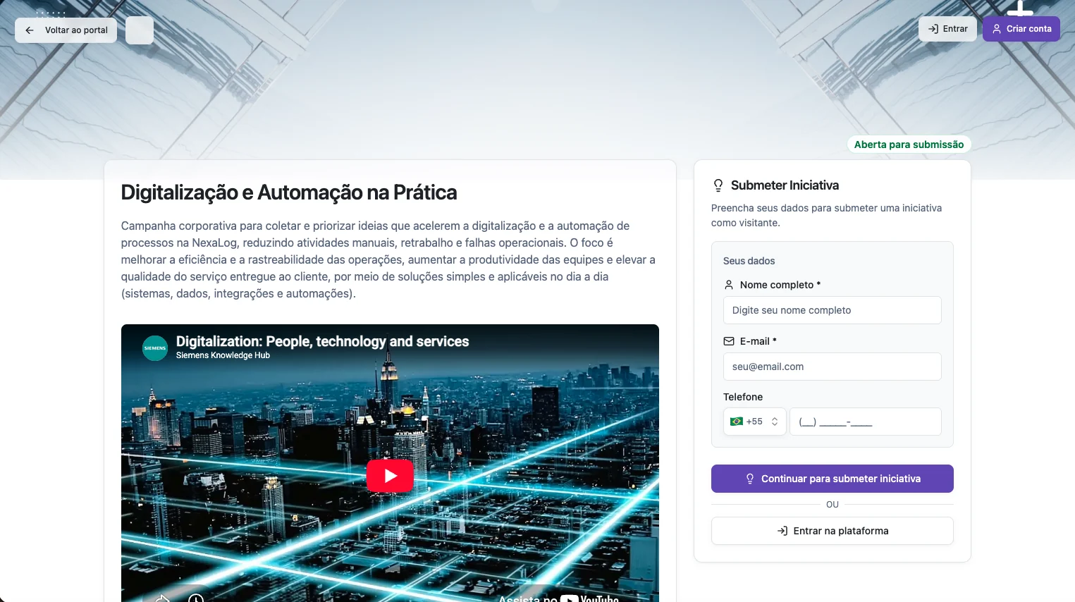 Hotsite externo de inovação aberta com apresentação do desafio e formulário para startups enviarem suas aplicações