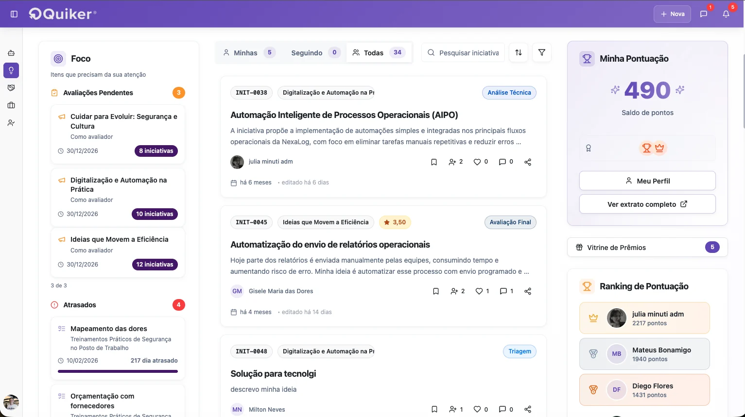 Mural de colaboração da Quiker com feed de ideias, interações entre participantes, pontuação, ranking e vitrine de prêmios