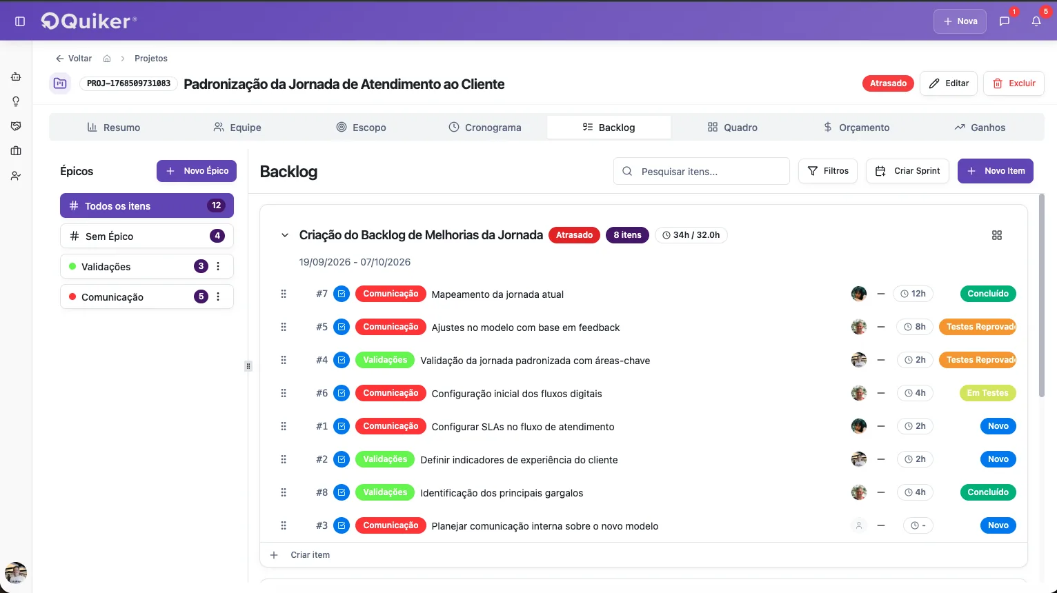 Product backlog na Quiker organizado por épicos, itens, responsáveis, esforço e status
