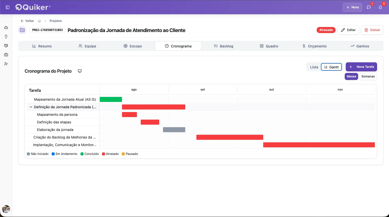 Roadmap de produto na Quiker com cronograma Gantt, tarefas, períodos e status de execução