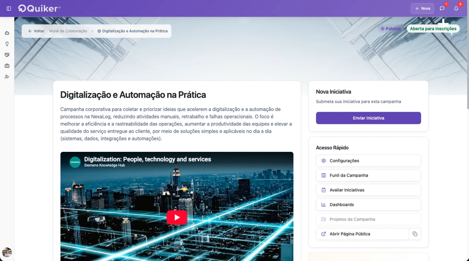 Página de uma campanha da Quiker com o botão Enviar Iniciativa, funil da campanha e avaliação de iniciativas