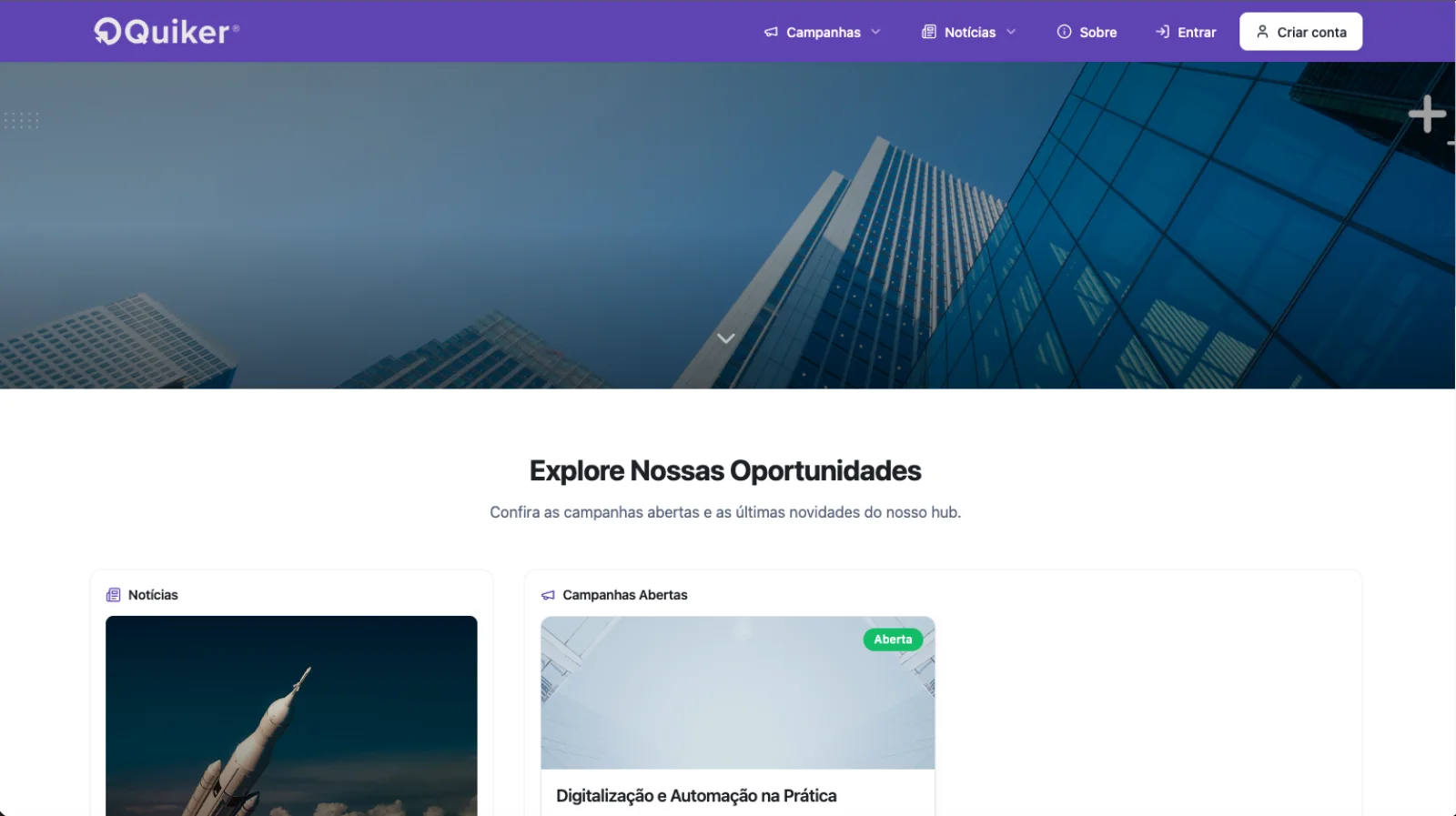Portal público da Quiker com campanhas abertas e notícias, acessível sem login